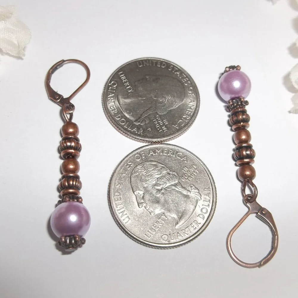Copper and Purple Beaded Pearl Earrings Set Dangle and Drop Boho Style Pair 6930_3